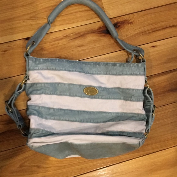 blue and white striped bag next